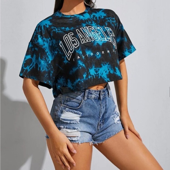 SHEIN black and blue tie dye cropped shirt - Picture 1 of 2